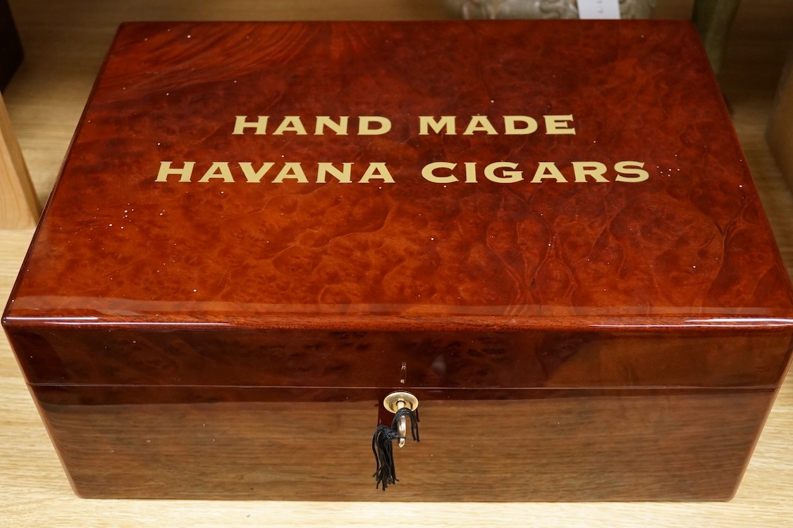 A humidor ‘Hand Made Havana Cigars’, with double cigar pouch, with key, 44cm wide